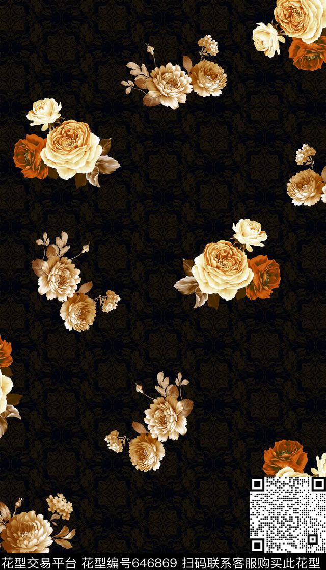 复古高贵花卉玫瑰数码印花华亿平台下载（图片编号: 646869） - 瓦栏（Walan）