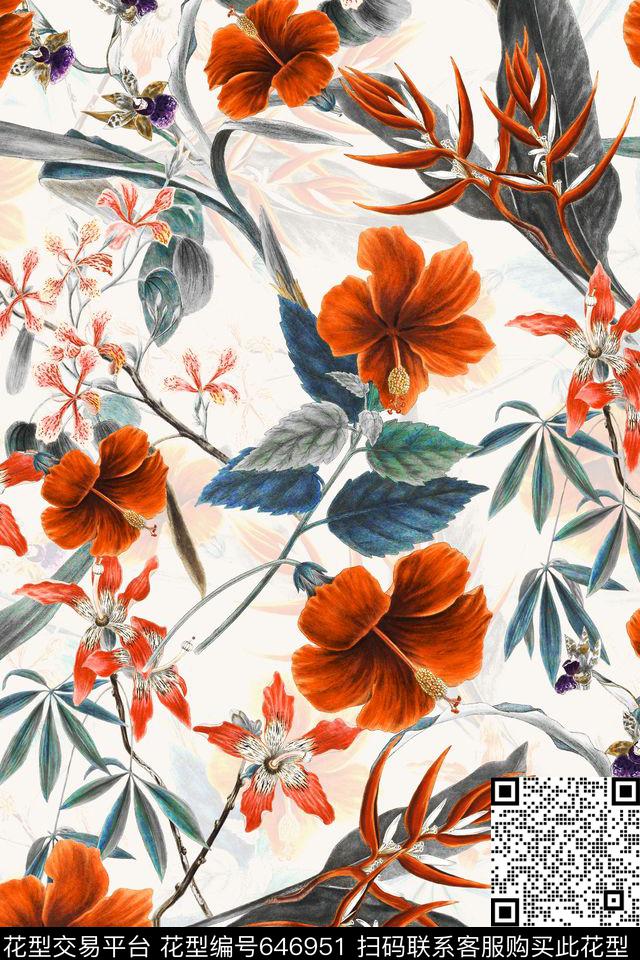 手绘复古花卉数码印花华亿平台下载（图片编号: 646951） - 瓦栏（Walan）