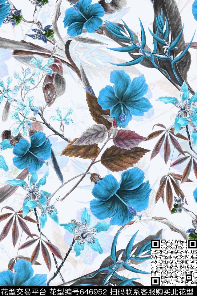 手绘复古花卉数码印花华亿平台下载（图片编号: 646952） - 瓦栏（Walan）