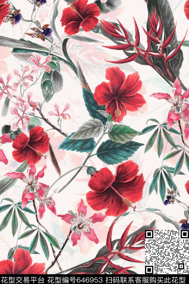 手绘复古花卉数码印花华亿平台下载（图片编号: 646953） - 瓦栏（Walan）