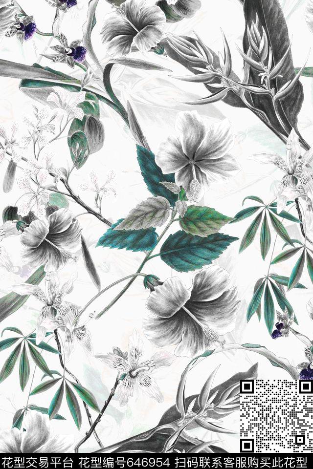手绘复古花卉数码印花华亿平台下载（图片编号: 646954） - 瓦栏（Walan）