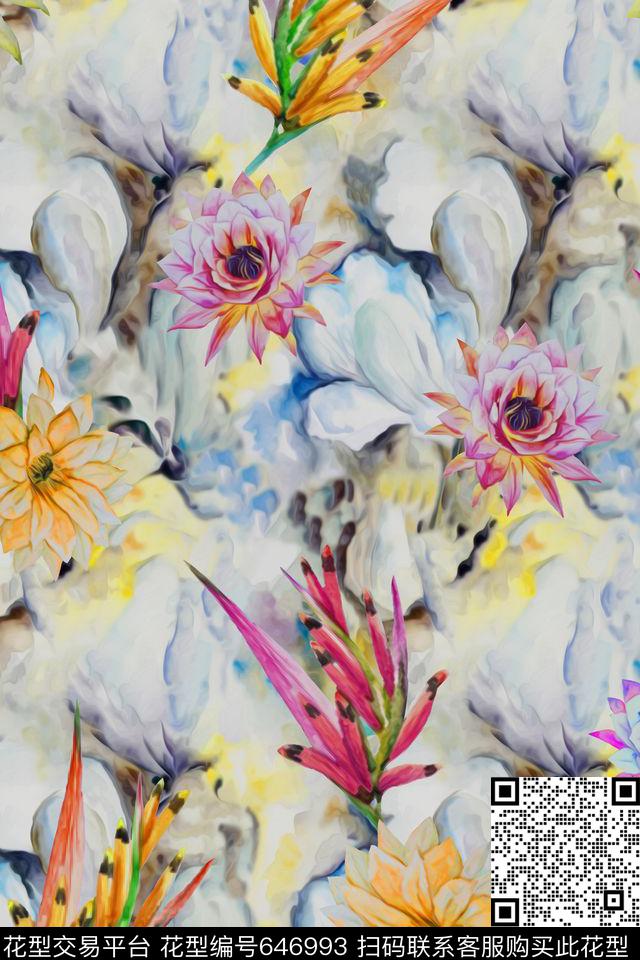 水彩花卉女装数码印花华亿平台下载（图片编号: 646993） - 瓦栏（Walan）