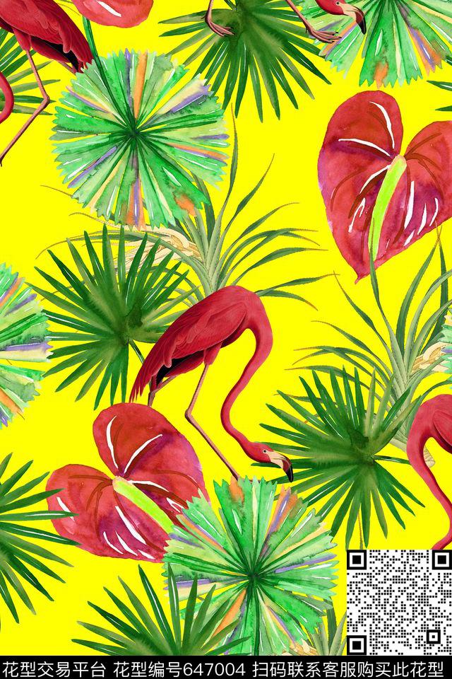 热带风情棕榈叶红掌数码印花华亿平台下载（图片编号: 647004） - 瓦栏（Walan）
