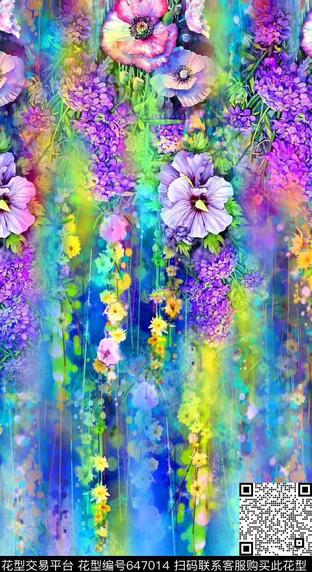 花卉水彩定位数码印花华亿平台下载（图片编号: 647014） - 瓦栏（Walan）