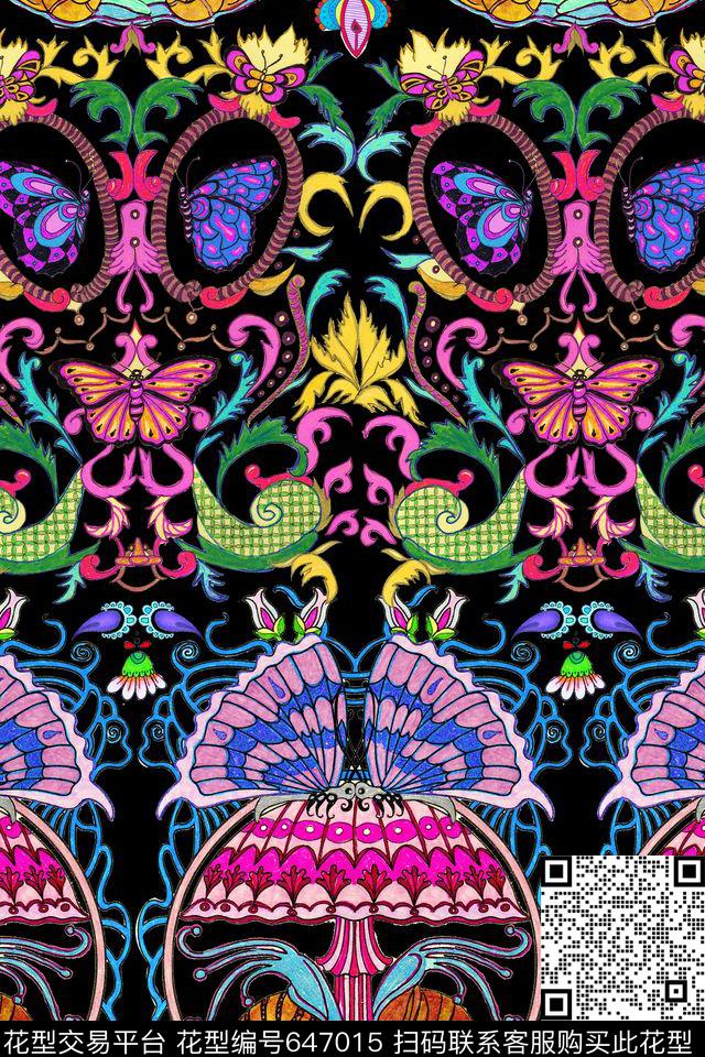 线描蝴蝶蜗牛数码印花华亿平台下载（图片编号: 647015） - 瓦栏（Walan）