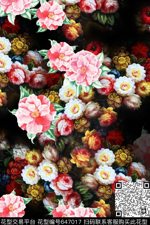 中国风花卉花卉玫瑰数码印花华亿平台下载（图片编号: 647017） - 瓦栏（Walan）