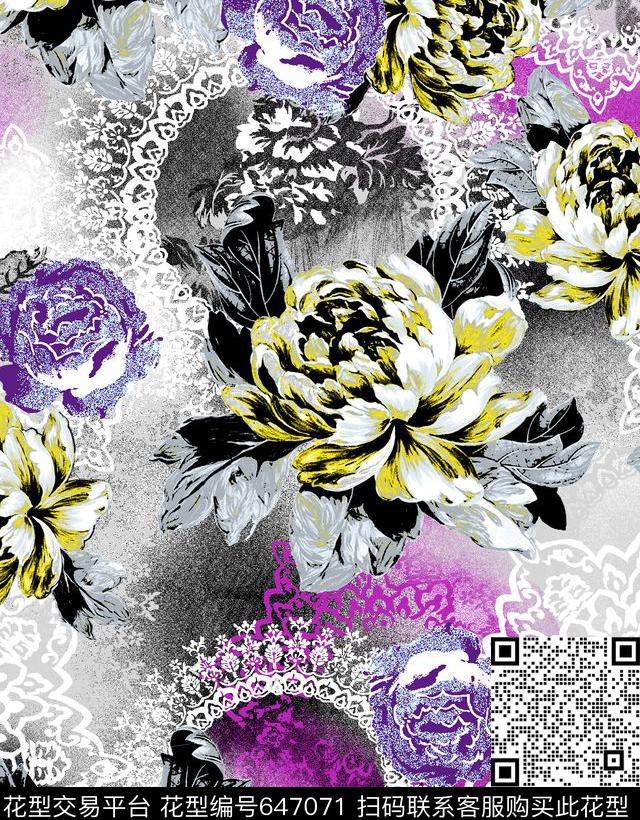 宫廷风大花花朵传统印花华亿平台下载（图片编号: 647071） - 瓦栏（Walan）