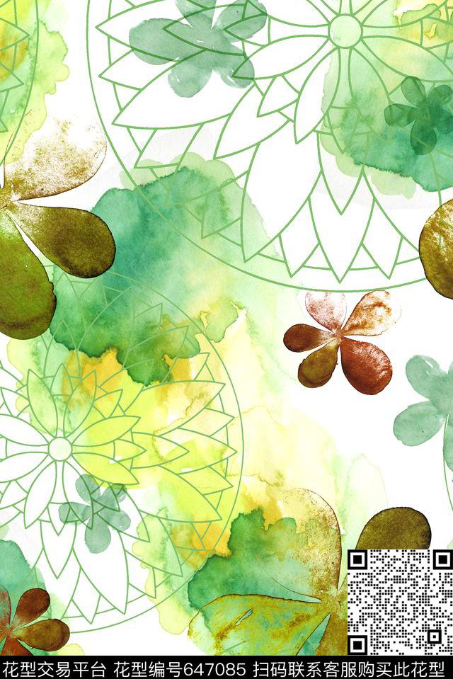 手绘纹样花朵创意数码印花华亿平台下载（图片编号: 647085） - 瓦栏（Walan）