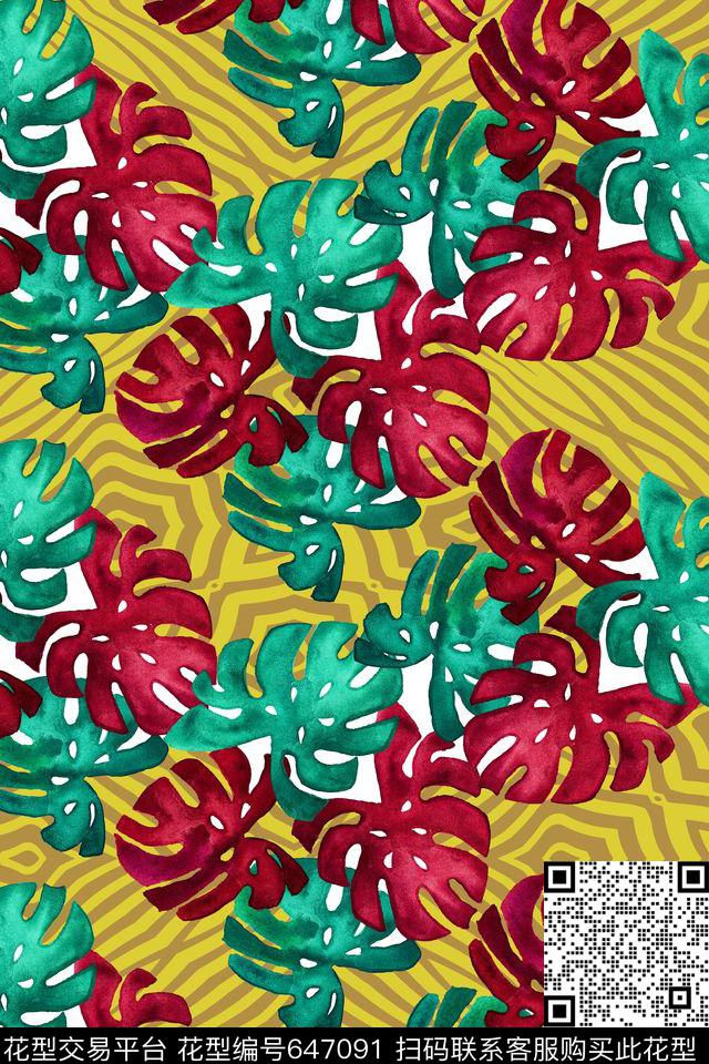热带植物树叶几何条纹传统印花华亿平台下载（图片编号: 647091） - 瓦栏（Walan）