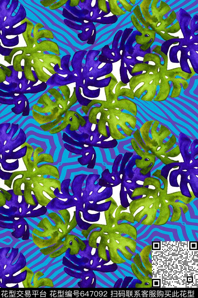 热带植物树叶几何条纹传统印花华亿平台下载（图片编号: 647092） - 瓦栏（Walan）