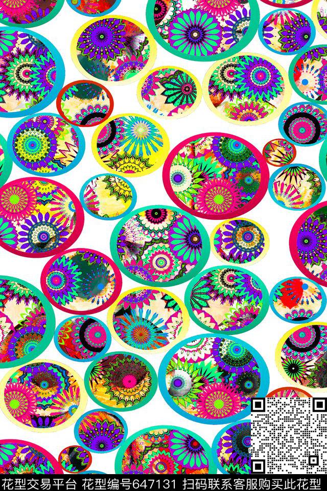 抽象矢量色块彩色花朵几何圆形数码印花华亿平台下载（图片编号: 647131） - 瓦栏（Walan）