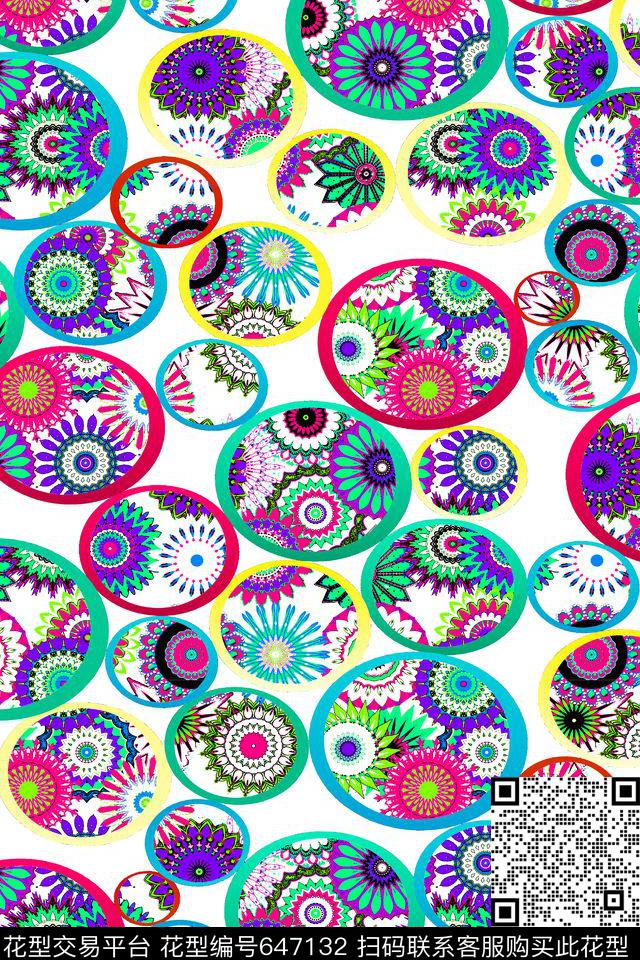抽象矢量色块彩色花朵几何圆形数码印花华亿平台下载（图片编号: 647132） - 瓦栏（Walan）