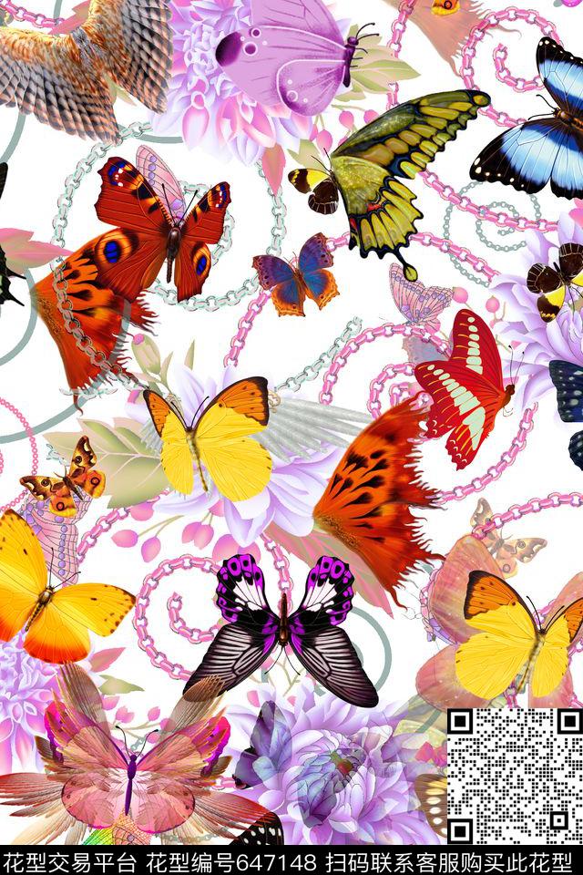 鸟多彩蝴蝶时尚蝴蝶羽毛数码印花华亿平台下载（图片编号: 647148） - 瓦栏（Walan）