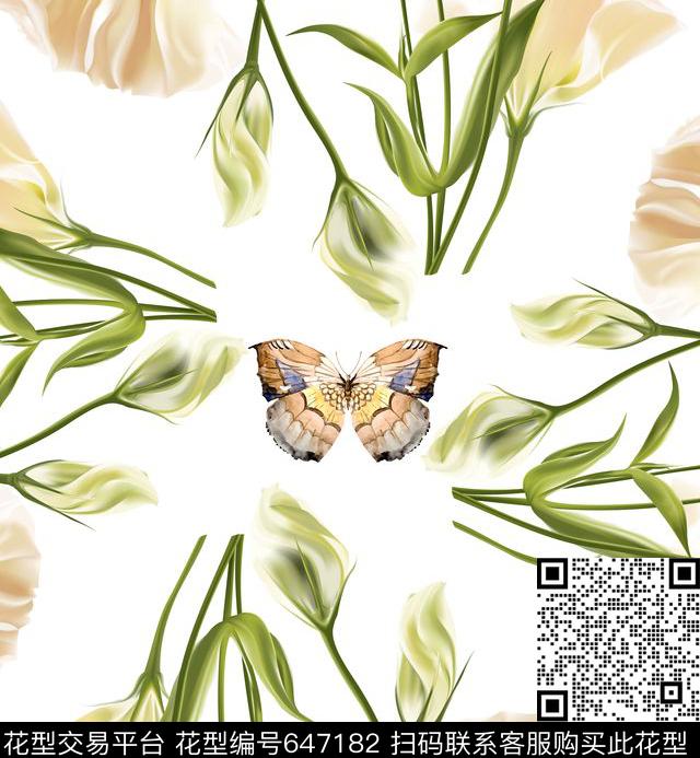 花卉蝴蝶清新数码印花华亿平台下载（图片编号: 647182） - 瓦栏（Walan）