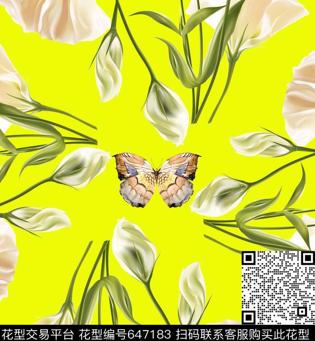 花卉蝴蝶清新数码印花华亿平台下载（图片编号: 647183） - 瓦栏（Walan）
