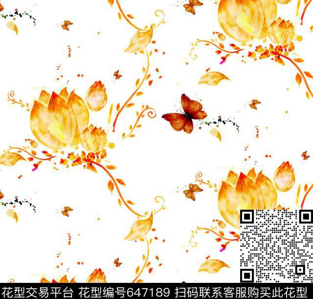 花卉蝴蝶清新数码印花华亿平台下载（图片编号: 647189） - 瓦栏（Walan）