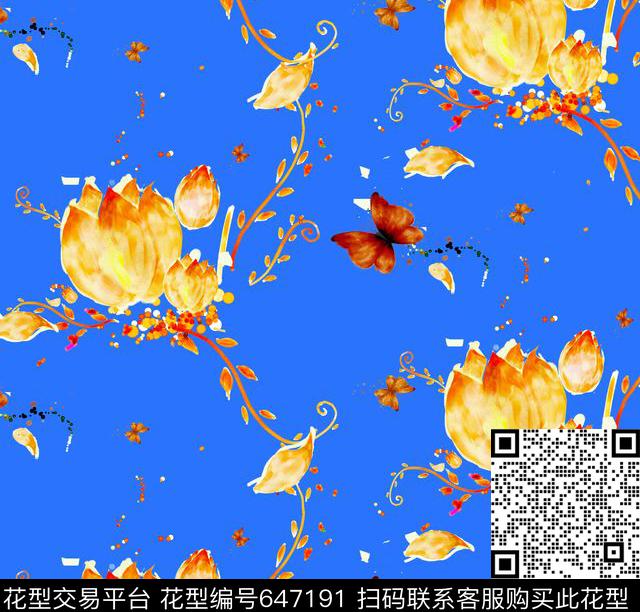 花卉蝴蝶清新数码印花华亿平台下载（图片编号: 647191） - 瓦栏（Walan）