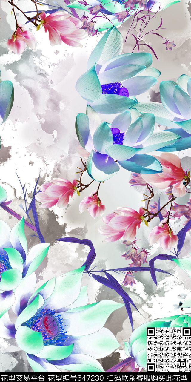 手绘花卉定位花数码印花华亿平台下载（图片编号: 647230） - 瓦栏（Walan）