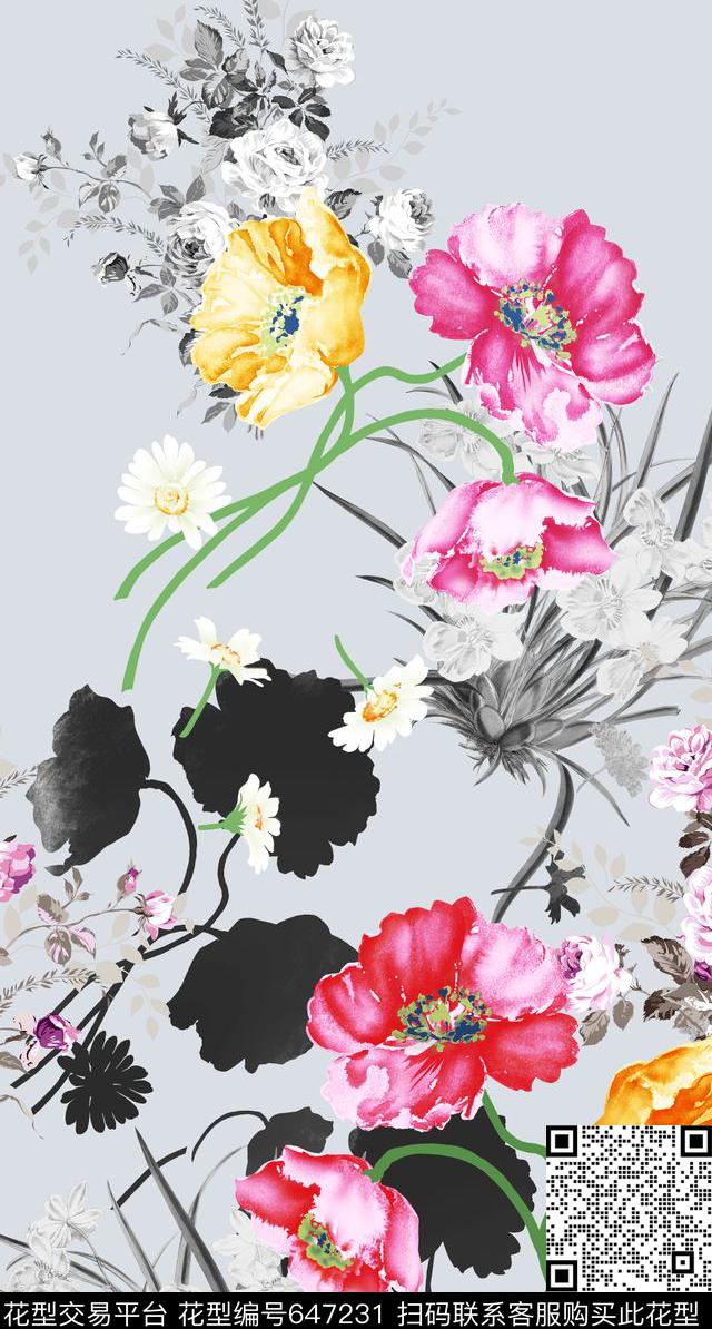 手绘花卉定位花数码印花华亿平台下载（图片编号: 647231） - 瓦栏（Walan）