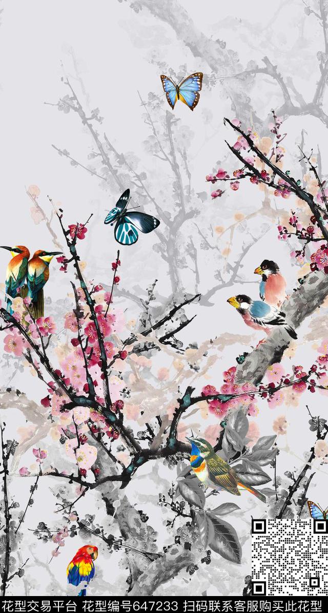 花卉手绘定位数码印花华亿平台下载（图片编号: 647233） - 瓦栏（Walan）