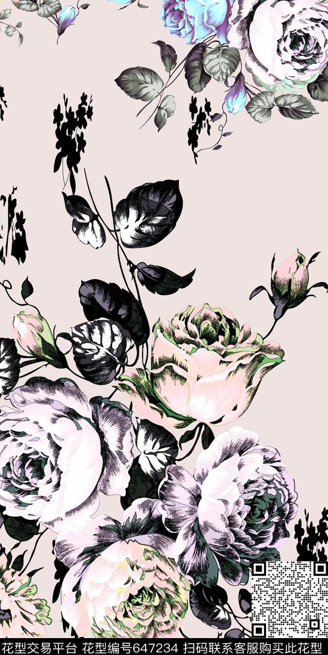 色彩手绘花卉数码印花华亿平台下载（图片编号: 647234） - 瓦栏（Walan）