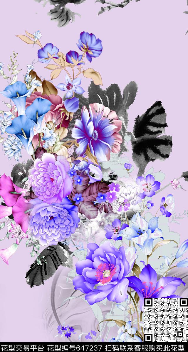 手绘花卉水墨数码印花华亿平台下载（图片编号: 647237） - 瓦栏（Walan）