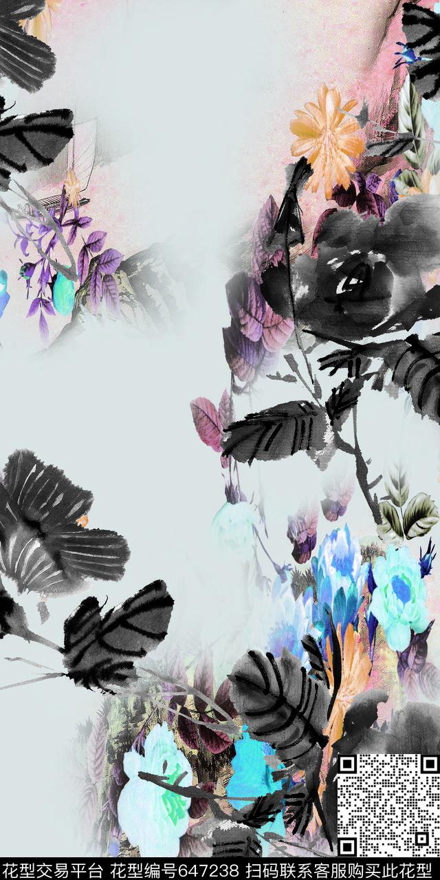 手绘花卉水墨数码印花华亿平台下载（图片编号: 647238） - 瓦栏（Walan）