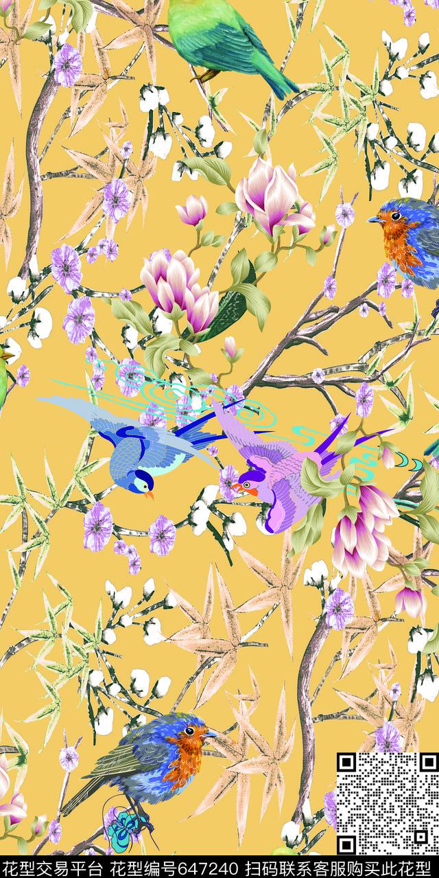 手绘花卉动物数码印花华亿平台下载（图片编号: 647240） - 瓦栏（Walan）