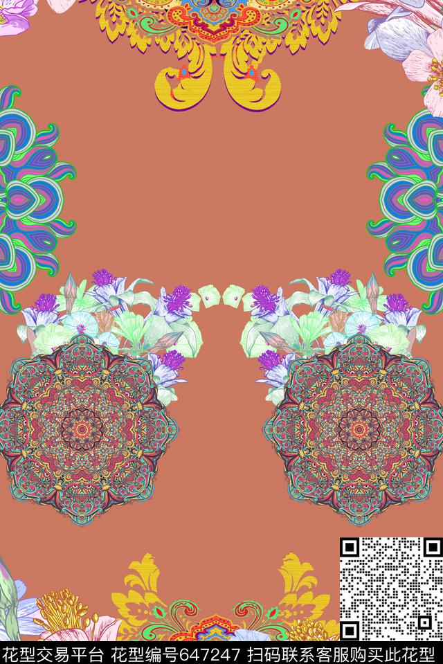 手绘花卉几何数码印花华亿平台下载（图片编号: 647247） - 瓦栏（Walan）