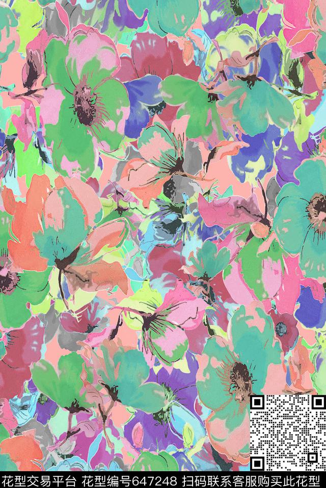 手绘花卉色彩数码印花华亿平台下载（图片编号: 647248） - 瓦栏（Walan）