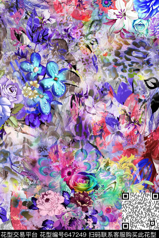 手绘花卉色彩数码印花华亿平台下载（图片编号: 647249） - 瓦栏（Walan）