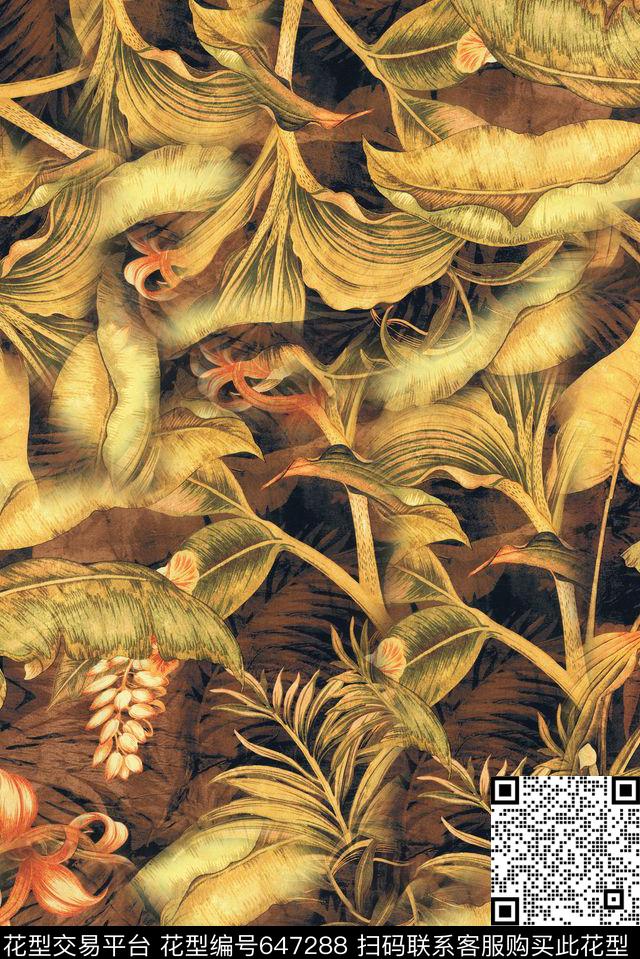 时尚潮流抽象手绘植物枯叶数码印花时尚国际大牌女装裙子外套夹克印花时尚中国风男装外套卫衣印花数码印花华亿平台下载（图片编号: 647288） - 瓦栏（Walan）