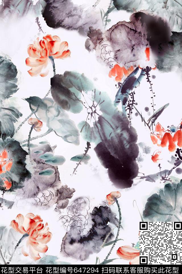 水墨花卉荷花数码印花华亿平台下载（图片编号: 647294） - 瓦栏（Walan）