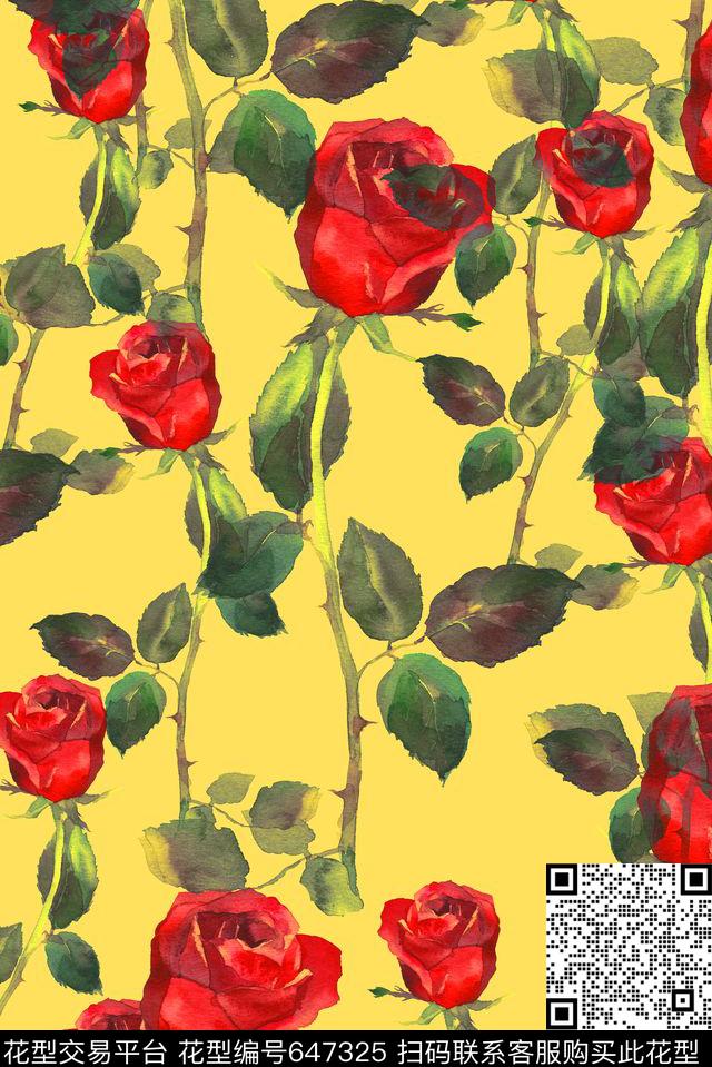 清爽玫瑰花数码印花华亿平台下载（图片编号: 647325） - 瓦栏（Walan）