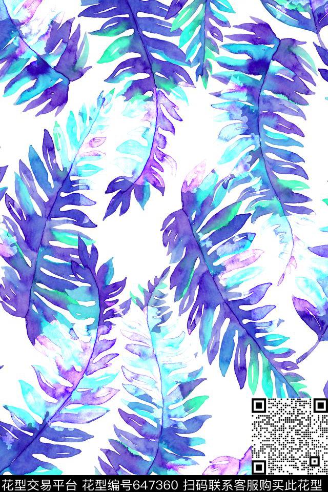 棕榈叶水彩风热带风情数码印花华亿平台下载（图片编号: 647360） - 瓦栏（Walan）