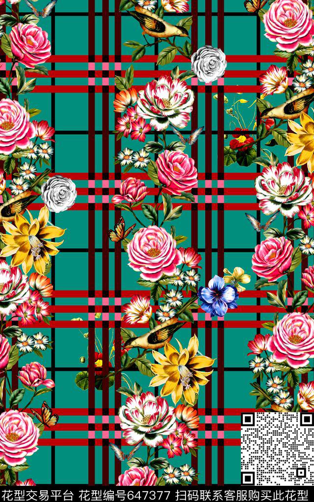 时尚手绘格子数码印花华亿平台下载（图片编号: 647377） - 瓦栏（Walan）