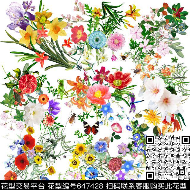 花卉花朵多彩花卉组合数码印花华亿平台下载（图片编号: 647428） - 瓦栏（Walan）