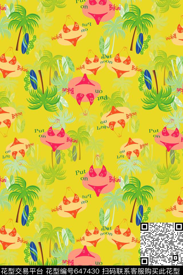 比基尼热带海滨度假热带植物数码印花华亿平台下载（图片编号: 647430） - 瓦栏（Walan）