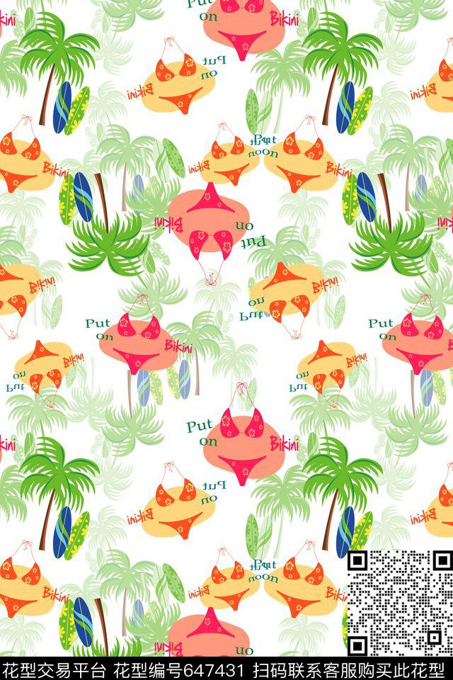 比基尼热带海滨度假热带植物数码印花华亿平台下载（图片编号: 647431） - 瓦栏（Walan）