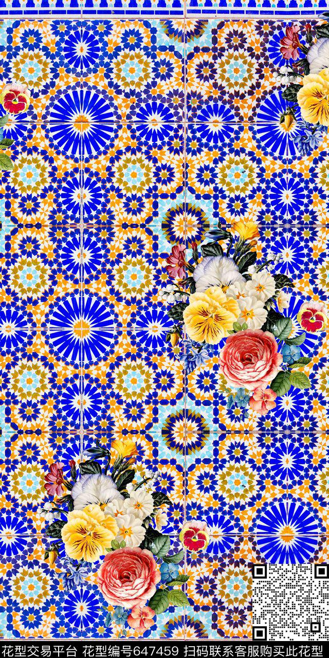 花卉格子几何数码印花华亿平台下载（图片编号: 647459） - 瓦栏（Walan）