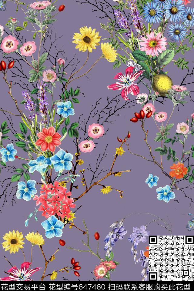 花卉碎花树枝数码印花华亿平台下载（图片编号: 647460） - 瓦栏（Walan）