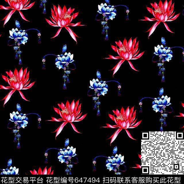 荷花花朵花卉数码印花华亿平台下载（图片编号: 647494） - 瓦栏（Walan）