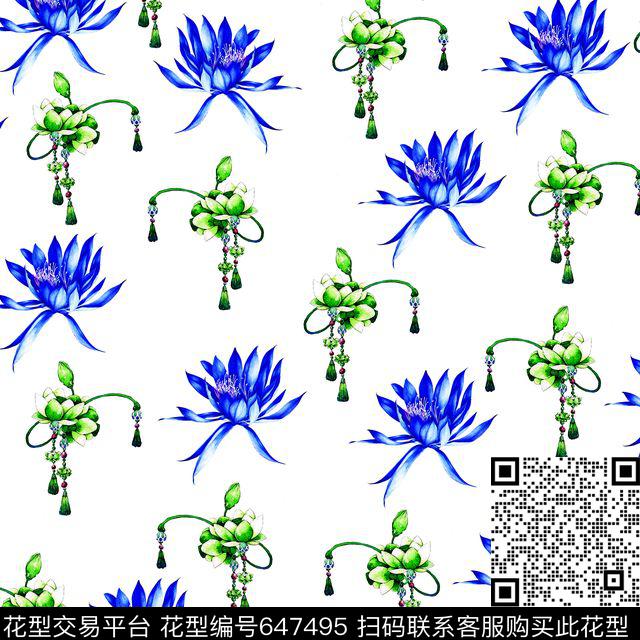 荷花花朵花卉数码印花华亿平台下载（图片编号: 647495） - 瓦栏（Walan）