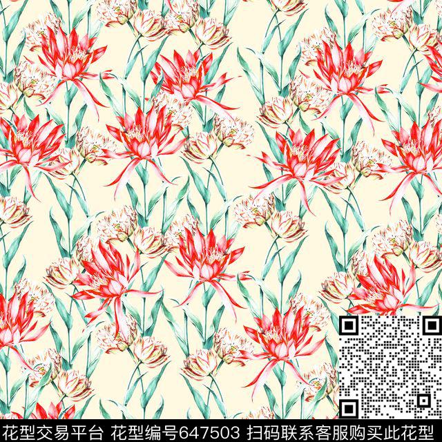 花朵花卉清爽底色花数码印花华亿平台下载（图片编号: 647503） - 瓦栏（Walan）