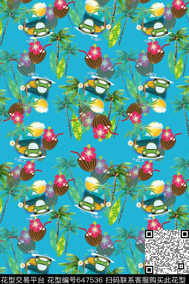 热带植物热带海滨度假椰子树。卡通汽车数码印花华亿平台下载（图片编号: 647536） - 瓦栏（Walan）
