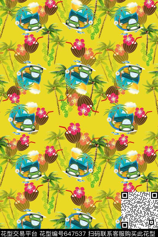 热带植物热带海滨度假椰子树。卡通汽车数码印花华亿平台下载（图片编号: 647537） - 瓦栏（Walan）