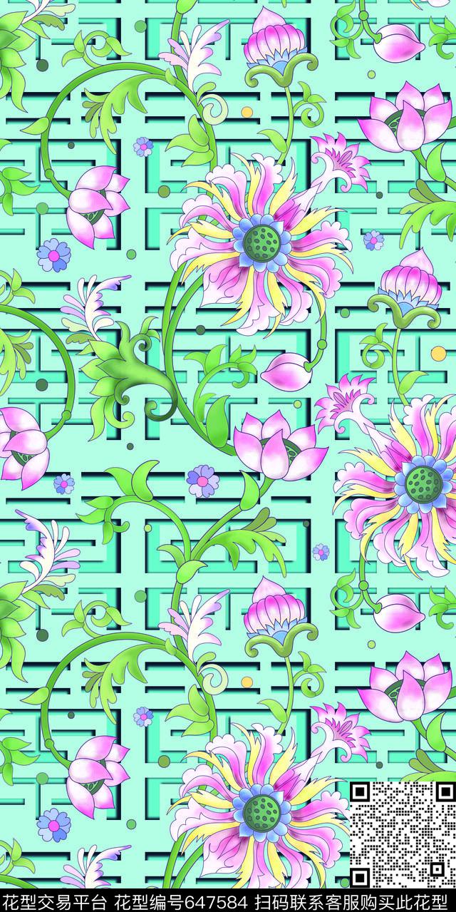 Chinesestylelotus数码印花华亿平台下载（图片编号: 647584） - 瓦栏（Walan）