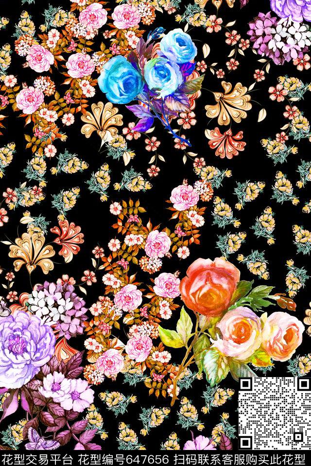 手绘满版小花卉数码印花华亿平台下载（图片编号: 647656） - 瓦栏（Walan）