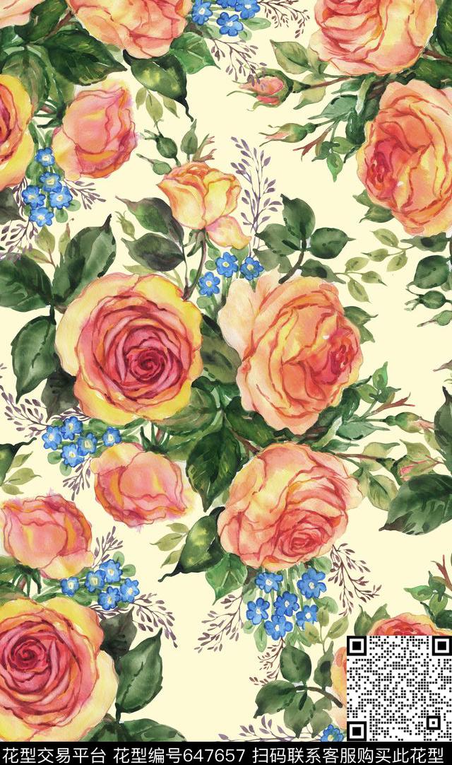 花卉手绘玫瑰数码印花华亿平台下载（图片编号: 647657） - 瓦栏（Walan）