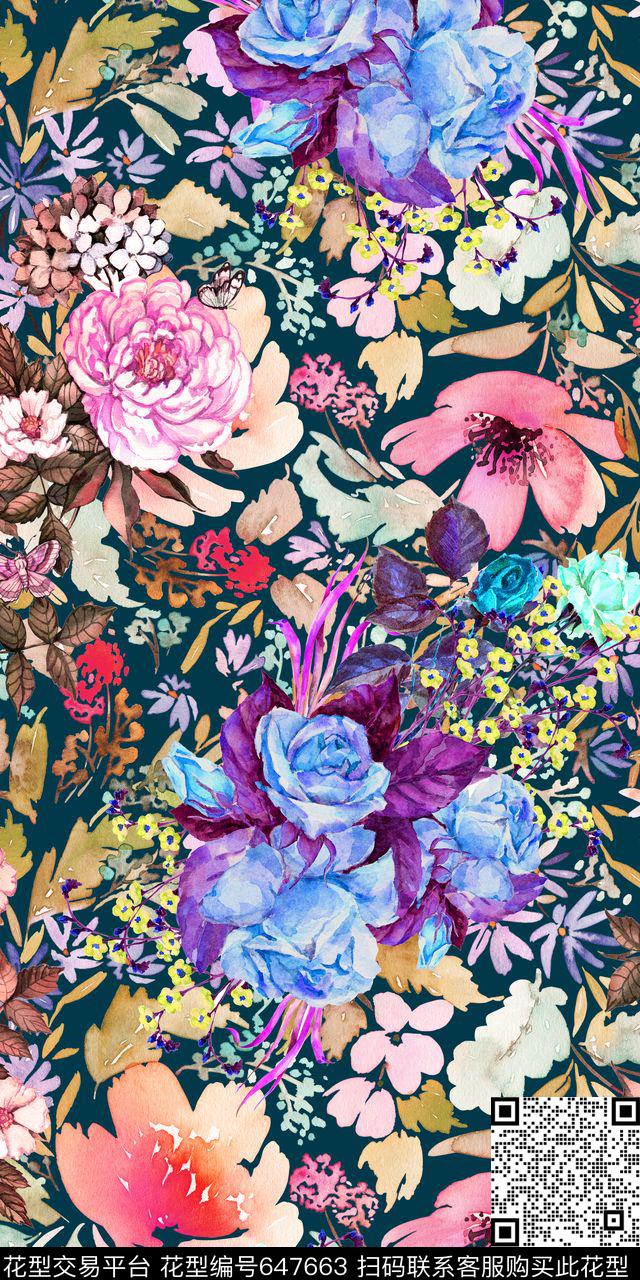 剪影手绘花卉数码印花华亿平台下载（图片编号: 647663） - 瓦栏（Walan）